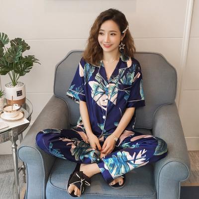 China Women's Summer QUICK DRY Leaf Silk Cardigan M-7XL Floral Ice Banana Pajamas Set for sale