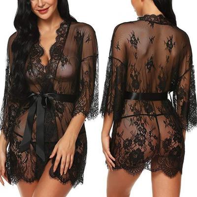 China Spandex Lace Kimono/Nylon Women Long Robe Babydoll Lingerie Mesh Nightgown S-5XL for sale