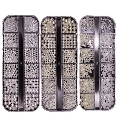 China Wholesale Mixed 3D Multi Modeling Design Mixed Modeling 12 Grid DIY Nail White/Off Semi White Round Round Pearl Manicure Set for sale