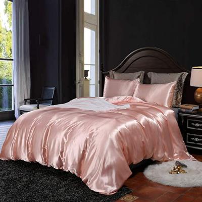 China Cooling Ultra Soft Breathable Luxury Pink Silk Duvet Cover Bedding Set with Zipper Closure and Corner Ties for sale