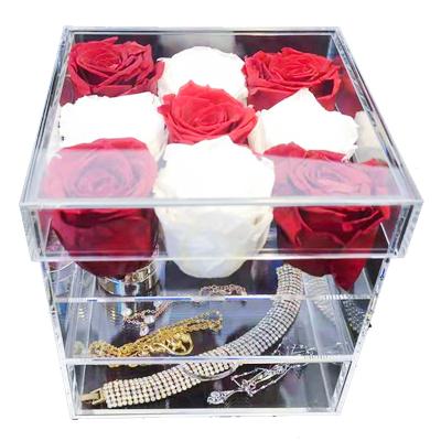 China Wholesale Viable Acrylic Rose Flower Box with Makeup Drawer Organizer for sale