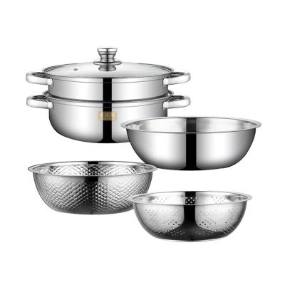 China Sustainable stell cookwareLeak 6PCS basin kitchen utensils cookware set stainless steamer steamer for sale