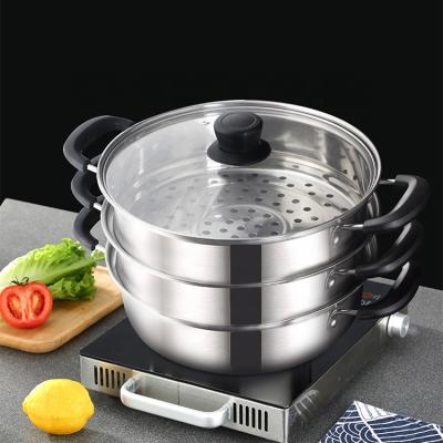 China 304 Kitchen Steamer Handle Bakelite Food Grade Boiler Three Layer Stainless Steel Hair Pot Glass Viable Lid for sale