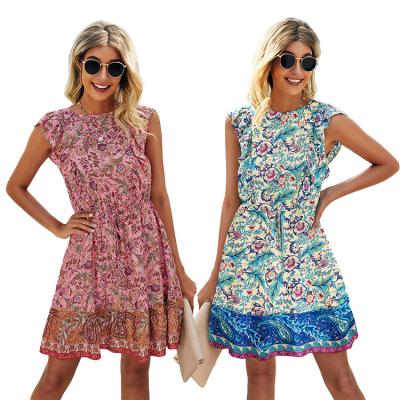 China Streetwear Anti-static O-neck Fashion Yuehui Sleeveless Ruffle Printed Floral Halter Boho Lace Up Dress for sale