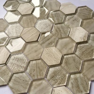 China Parquet 300x300mm Interior Decoration Bathroom Hexagonal Glass Mosaic Slab for sale