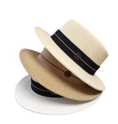 China Letters Striped Large White Woman Straw Hats Panama Hat Type for sale