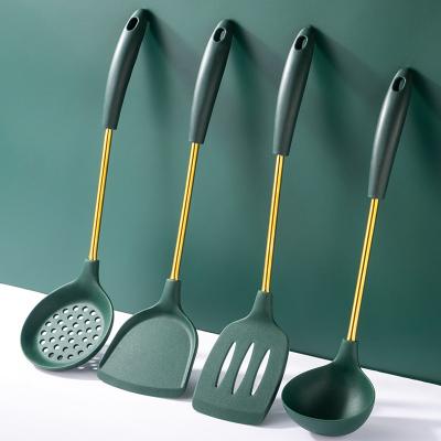 China 2022 Viable New Anti-scald Handle Cooking Tools 4 Pcs Sets Silicone Colander Scoop Spatula Green Gold Modern Luxury Kitchen Utensil for sale