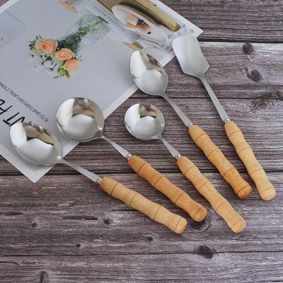 China Sustainable Tableware Cutlery Set 4 Pcs Tableware Knife Spoon Fork Stainless Steel Wooden Handle Bamboo Cutlery Set For Kids for sale