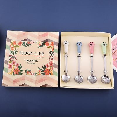 China Viable Child Spoon 4 Pcs Color Gift Box Stainless Steel Color Cartoon Ceramic Handle Kids Multiple Spoon Set for sale