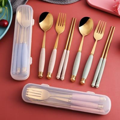 China Viable Gold Portable Cutlery Set Stainless Steel Spoon Fork Chopsticks 3 Pcs Set Plastic Gold Spoon And Fork Set for sale