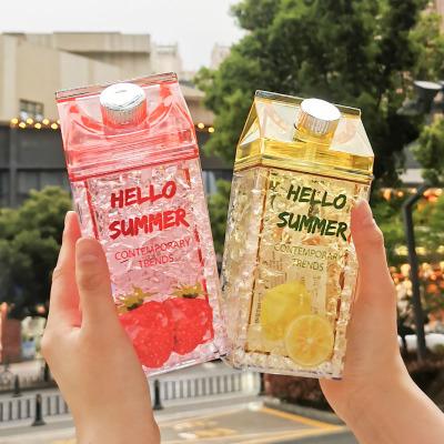 China Sustainable Fashion Sports Rectangle Print Clear Plastic Milk Carton Water Bottle With Straw for sale