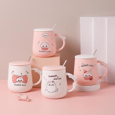 China Feiyou 2021cartoon Cute Rabbit Mug Ceramic Cup Viable Office Ceramic Pink Coffee Mug With Lid And Spoon Mug for sale