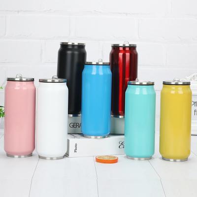 China Sublimation 17oz 500ml Double Layer Stainless Steel Mug Viable Cola Shaped Blanks Beer Mug Can Mugs With Straw And Flip-Up Lid for sale