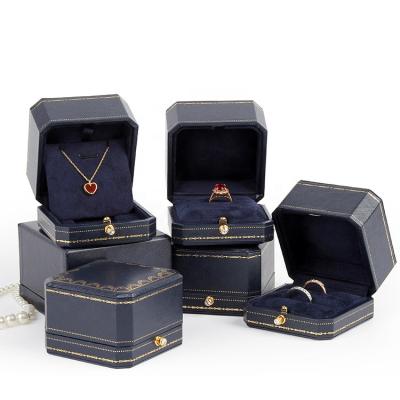 China High Quality Custom European Black Princess Proposal Wedding Double Slot Ring Box Navy Blue Pu Leather Jewelry Packaging Box for sale