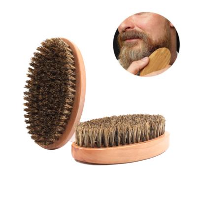 China Natural Wood Boar Hair Around Wooden Beard Brush Men Beard Styling Grooming Tool for sale