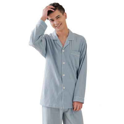 China Breathable Long Sleeves Loungewear Shirt Home Sleepwear Sheer Cotton Stripe Couple Pajamas Sets For Autumn for sale