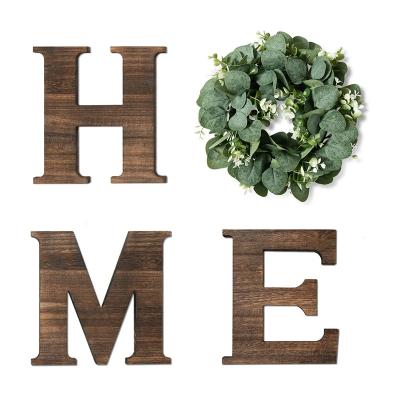 China Decorative Rustic Europe Letters 4 Pieces 10 Inch Brown Wooden House Sign With Wreath for sale