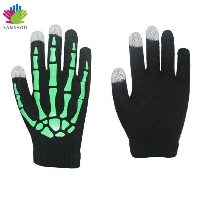 China Factory Wholesale Supply Kids Winter Skull Acrylic Knitted Warm Magic Luminous Gloves Striped for sale