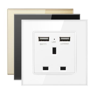 China PC+ Crystal Glass Waterproof Electrical UK 13A Power Socket Wall Switch Sockets UK With Dual USB Port for sale