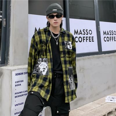 China Breathable Patchwork Plaid Long Sleeved Shirt Men's Lapel Punk Loose Shirts Streetwear Autumn Thin Outerwear Men for sale