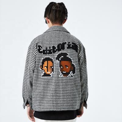 China High Street Breathable Loose Lapel Mens Shacket Houndstooth Embroidery Cartoon Plaid Jacket Autumn Streetwear Zipper Jacket Men for sale