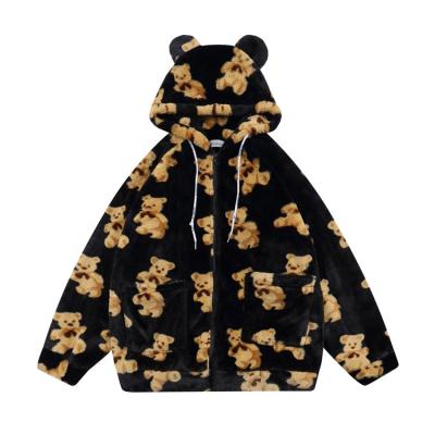 China Casual Hooded Mens Loose Thick Winter Outerwear Streetwear Jackets Full Fleece Cartoon Bear Print Fleece Jacket Men for sale