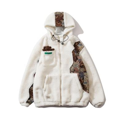 China Fleece Cartoon Bear Patchwork Sherpa Jacket Men's Streetwear Loose Spliced ​​Casual Thick Hooded Fleece Jackets Winter Outerwear Men for sale