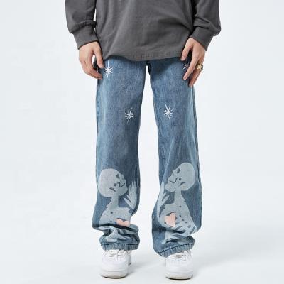 China High Street Rhinestone Skeleton Men's Denim Washed Pants Streetwear Windproof Jeans Loose Straight Pants Men for sale