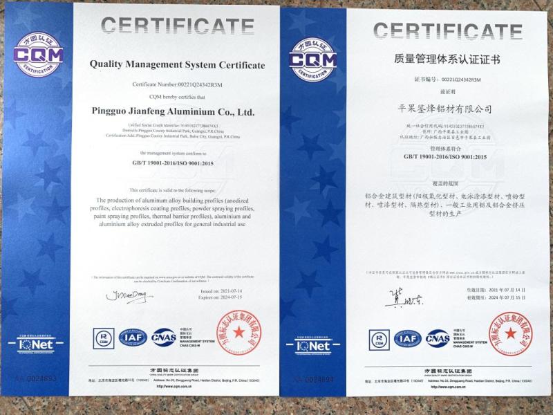 ISO9001 - Pingguo Jianfeng Aluminium Co., Ltd.