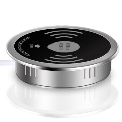 China Waterproof Mobile Phone Desk Recessed Wireless Charger 15W Table Build-in Under Office Furniture Fast Wireless With QC Port Tpye-C PD for sale