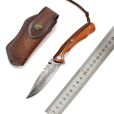 China Open Slide Damascus VG10 withYellow VG10 Sandalwood High Quality Steel Folding Knife with Leather Case for sale