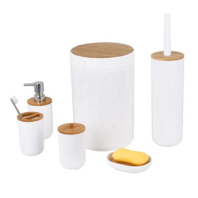 China Victory Wholesale White Plastic Sustainable 6 Piece Bathroom Accessories Set Bamboo Bathroom Set for sale