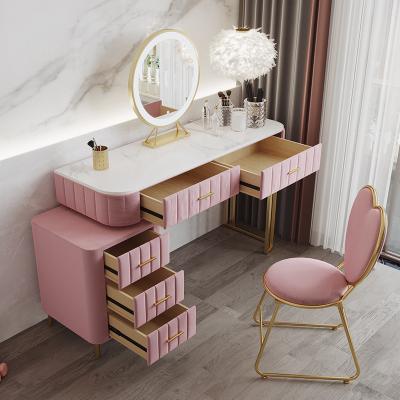 China Other New Design Girls Mini Make Up Nordic Modern Wooden Makeup Vanity Velvet With Led Mirror And Stool for sale