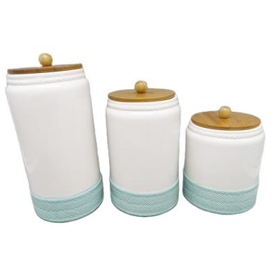 China Stored Bamboo Wood Lid Storage Bottle Canister Ceramic Jar Set for sale