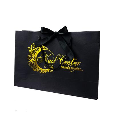 China Luxury Recycled 100% Materials New Black Card Recycle Paper Bag, Hot Stamping Black Gold Logo Kraft Paper Coffee Packaging Bag With Tie Ribbon for sale