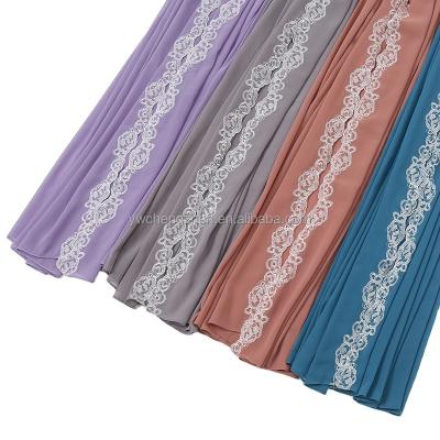 China Wholesale High Quality Islamic Long Shawls Muslim Women Georgette Scarf Simple Soft With Lace Chiffon Headscarf Scarf for sale