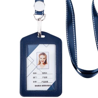 China Customized Work Card AZO Free Genuine Leather Cover With Lanyard Card Clear Lawyer Badge Employee Rail ID for sale