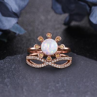 China 14k Solid Gold Romantic 1.2Ct Round Shape Opal Engagement Ring Set High Quality Luxury Jewelry For Ladies Wedding Feast for sale