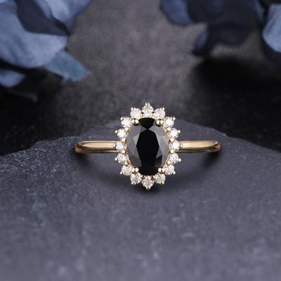 China 14k Solid Gold 1.5Ct Romantic Oval Cut Brilliant Natural Black Agate Engagement Ring Wholesale Original Brand Rings for sale