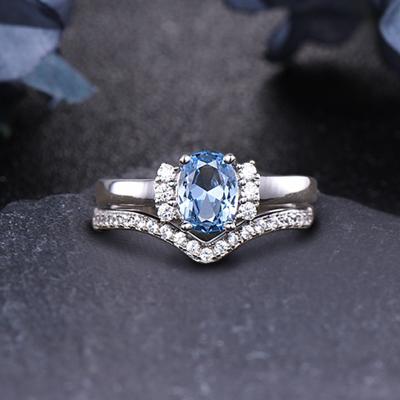 China 14k Solid Gold 1.0Ct Romantic Oval Cut Natural Blue Topaz Jewelry Minimalist Rings Engagement Ring Set Luxury For Girl for sale