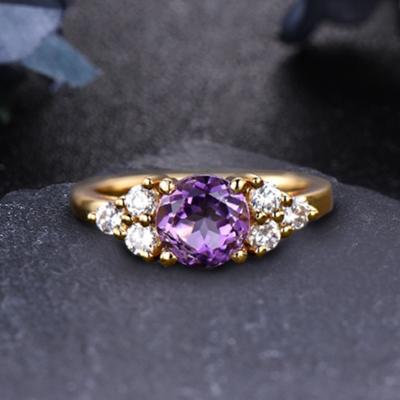 China 14k Solid Gold 1.2Ct Romantic Round Cut Natural Amethyst Ring Wholesale Ring Rose Gemstone Moissanite Round Cut Gemstone Rings for sale