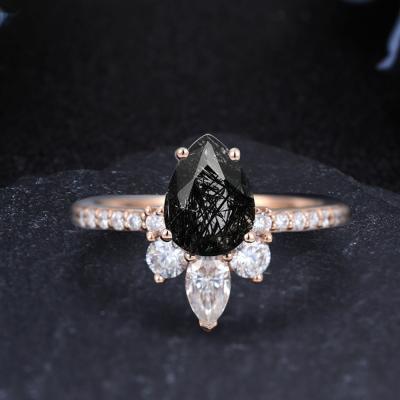 China 14k Solid Gold 1.35Ct Romantic Pear Cut Black Quartz Rutilated Ring Wholesale Ring Rose Gemstone Moissanite Round Cut Gemstone Rings for sale