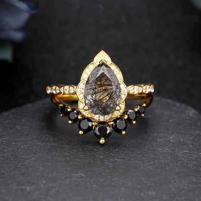 China Vintage 14k Solid Gold 2.35Ct Pear/Drop Cut Natural Black Rutilated Engagement Ring Set Hot Sale Real Special Unique Ring Set for sale