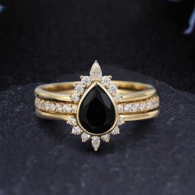 China 2021New Wholesale 14K Solid Gold 1.25CT Romantic Hot Pear Cut Natural Black Women's Rings Natural Black Gemstone Onyx Luxury Shiny Tasty Jewelry for sale