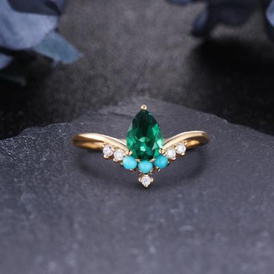 China 14k Solid Gold 0.85CT Romantic Pear / Drop Cut Lab Created Emerald Unique Luxury Vintage Ring Engagement Wedding Ring Wholesale for sale