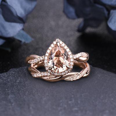 China 14k Solid Gold 1.5Ct Romantic Pear Cut Unique Ring Set High Quality Designer Natural Morganite Engagement Women Jewelry For Wedding for sale