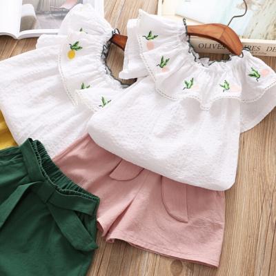 China Anti-Static Cotton Embroidery Designs Comfortable Off-shoulder Fly Sleeve Shirts Lady's Breathable Clothing For Kids for sale