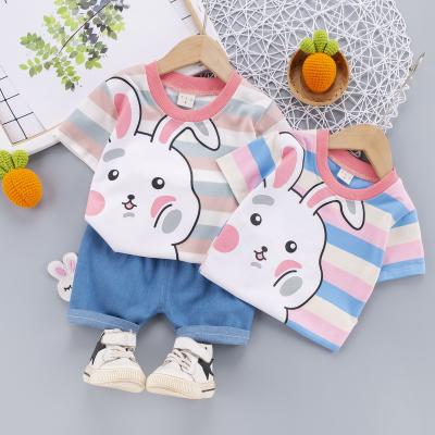 China Fashion/Breathable Girl/Comfortable Formal Clothes 2021 Fashion Latest Design Stripe Cute Rabbit High Quality Cotton Girl Kids Dressing Set for sale