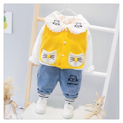 China Fashion/Comfortable Breathable/Formal Girl Clothes Custom Lovely Lace Collar Baby Clothing Set Vest T-shirt Jeans Pants 3 Pieces Clothing Set for sale