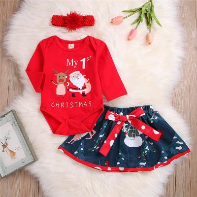 China Baby Winter Romper Dress Anti-Static Headband in New Year Christmas Baby New Year's Clothes US Printing Santa Claus One Set Clothes for sale